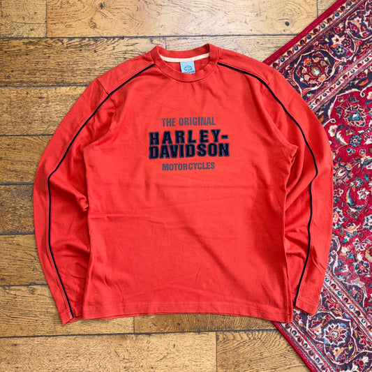 Vintage Harley Davidson Orange Embroidered Long Sleeve Graphic T-Shirt - S