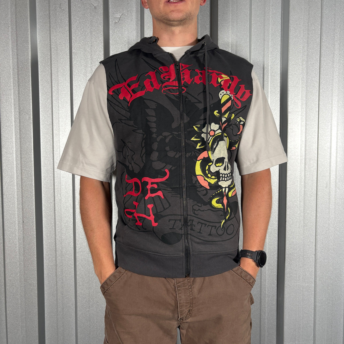 Ed Hardy Y2K Grey Hoodie Cut Off Gilet Vest Sweatshirt - S