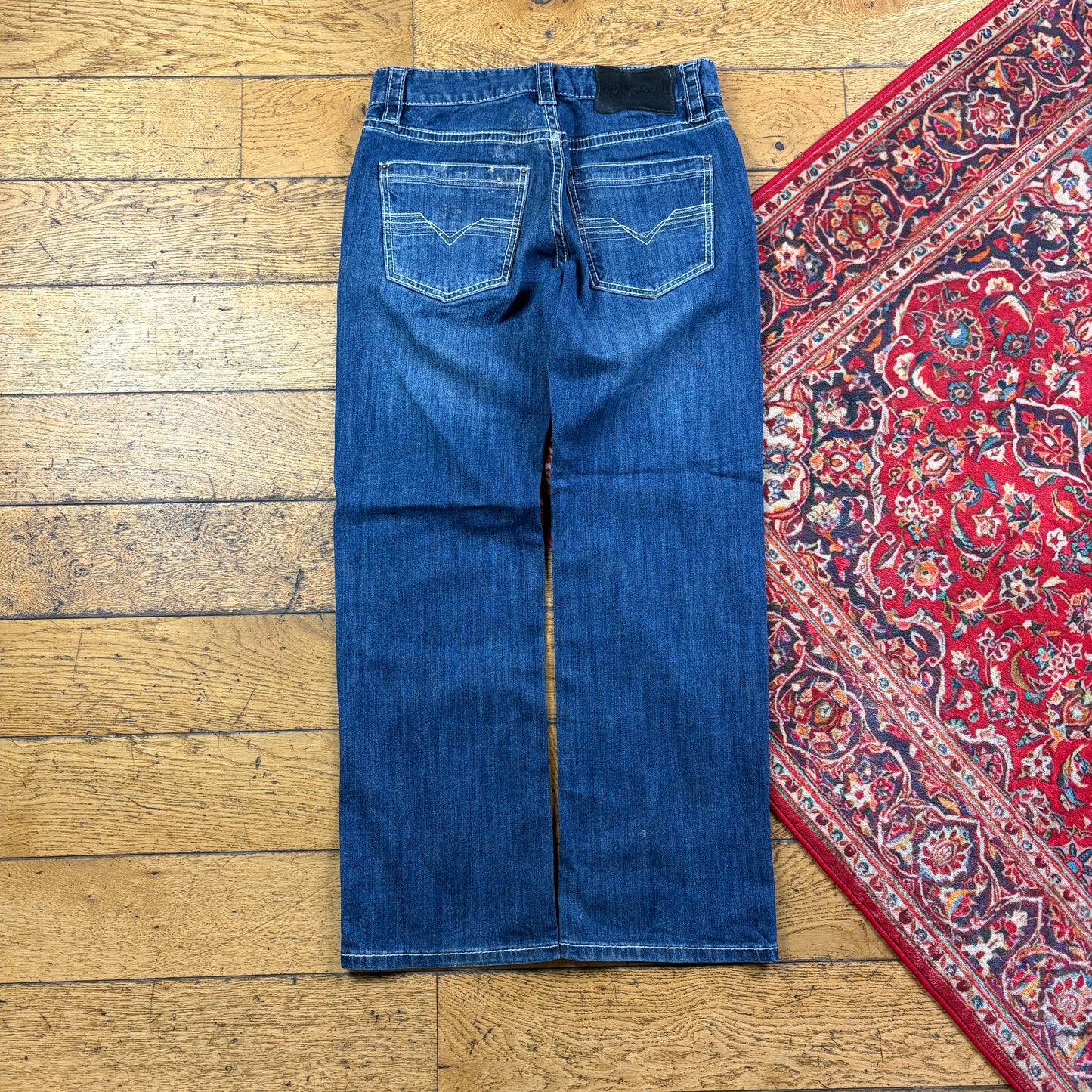 Vintage Rock and Roll Blue Embroidered Y2K Hip Hop Baggy Jeans - 32