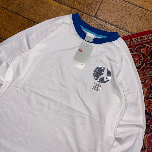 Vintage Nike Deadstock Y2K White Long Sleeve Ringer Running Graphic T-Shirt - S
