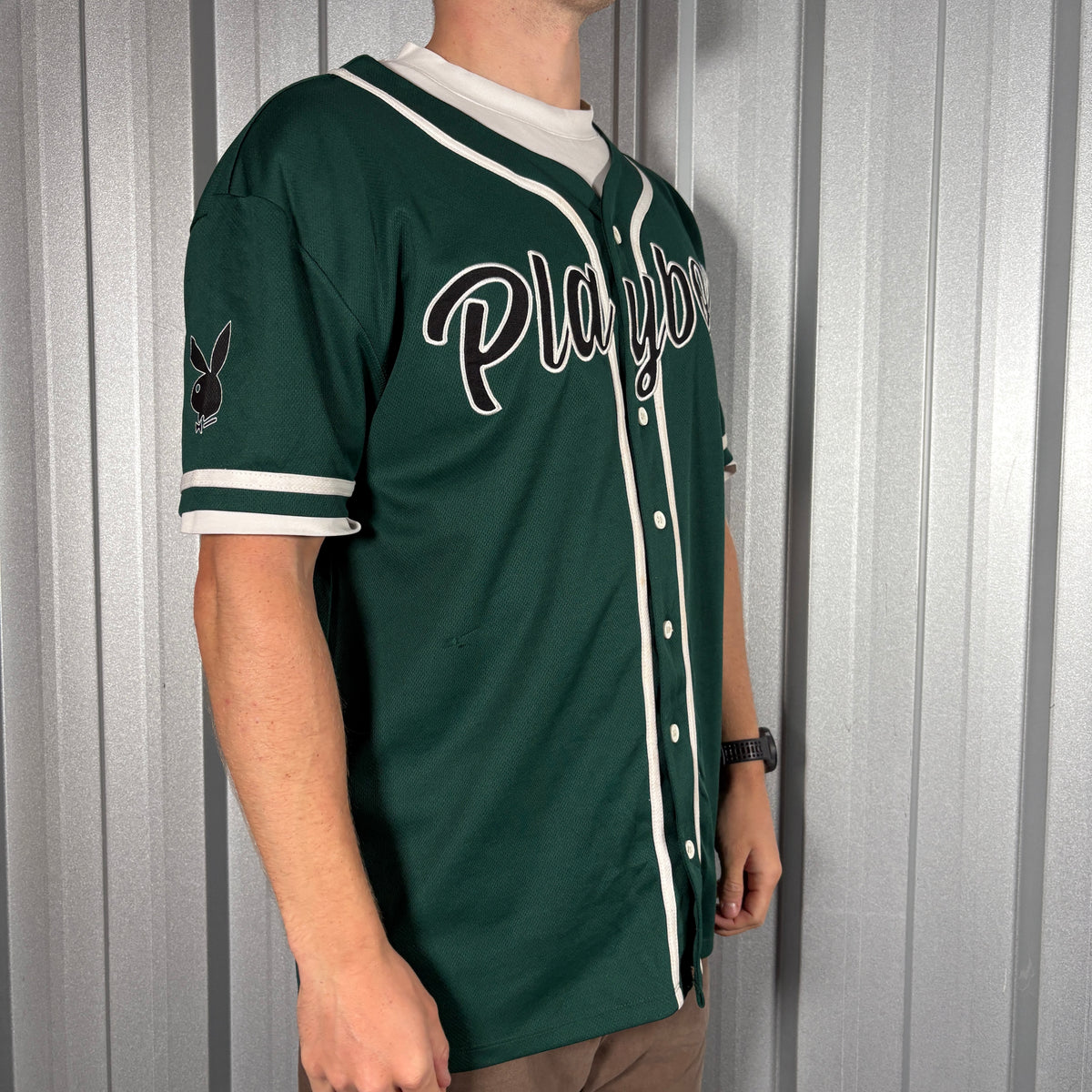 Playboy Green Embroidered Baseball Jersey T Shirt - L