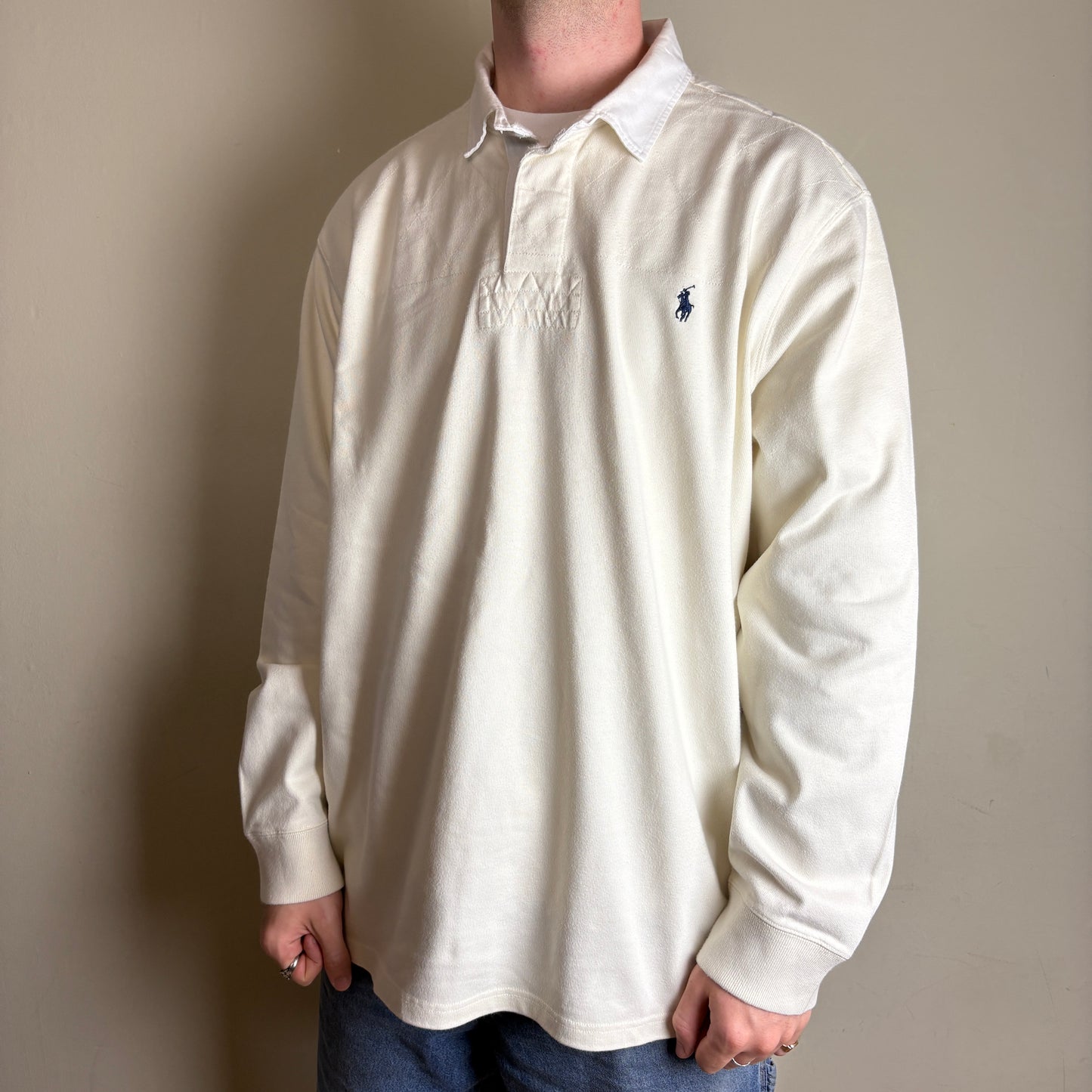 Vintage Ralph Lauren White Cream Long Sleeve Rugby Polo Shirt - 2XL