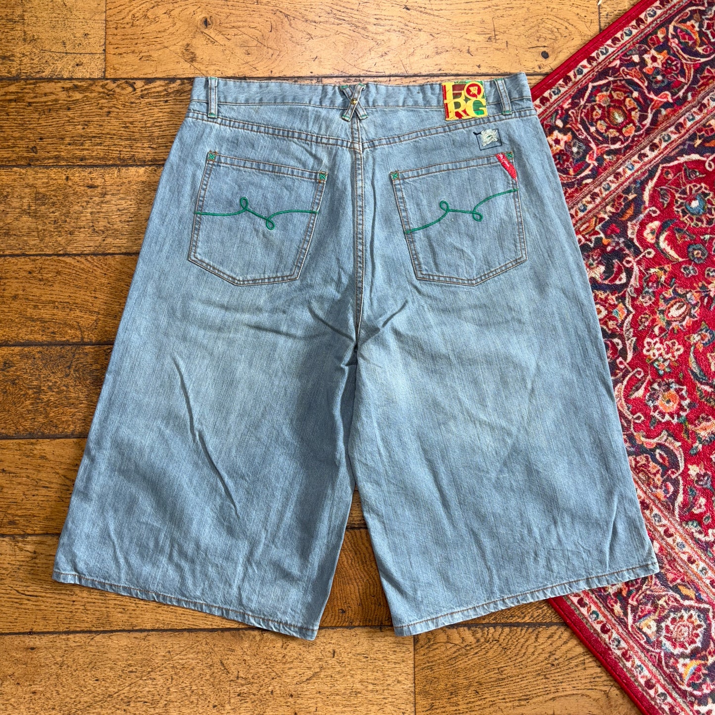 Vintage LRG Blue Embroidered Y2K Hip Hop Baggy Jeans Shorts Jorts - 38
