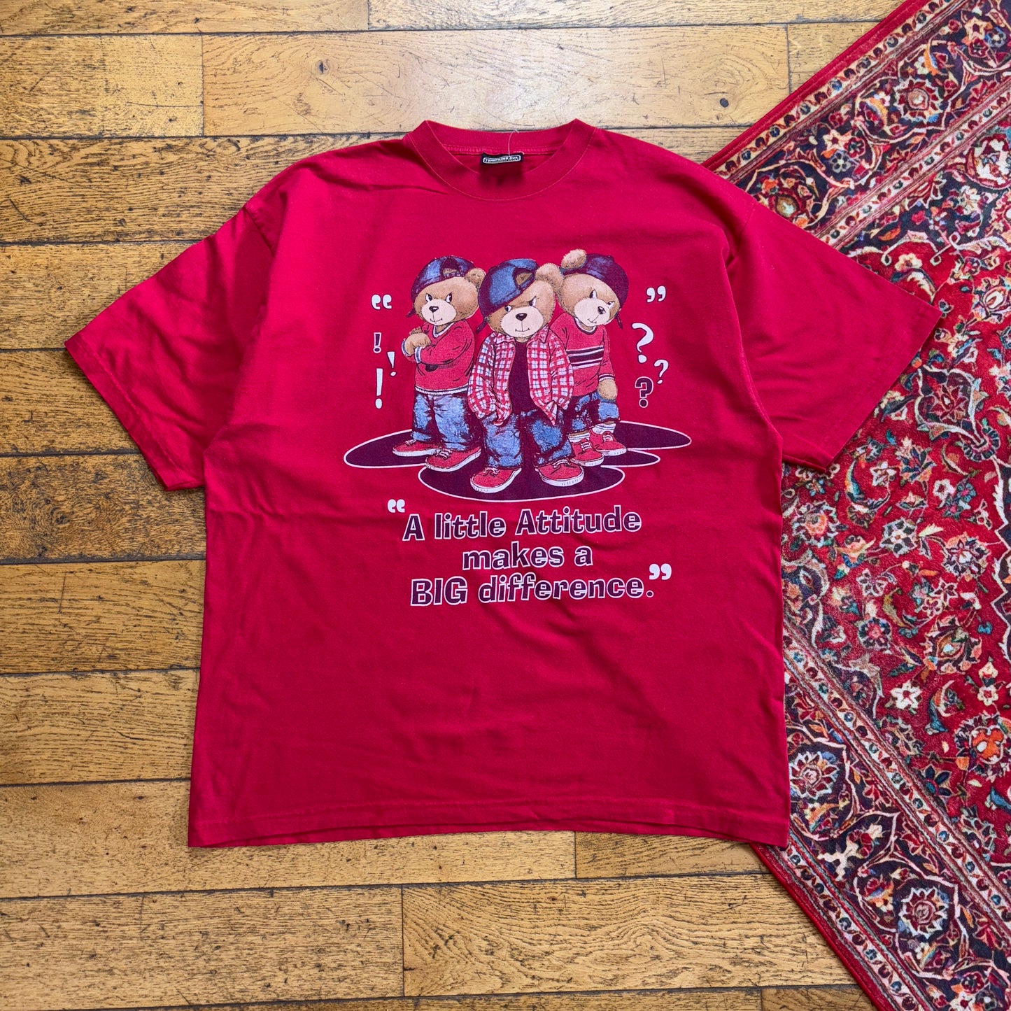 Vintage 90s Attitude Teddy Red Funny Single Stitch Graphic T-Shirt - 2XL