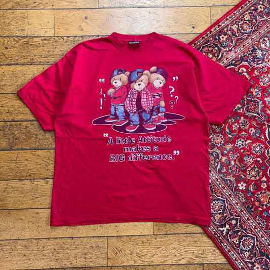 Vintage 90s Attitude Teddy Red Funny Single Stitch Graphic T-Shirt - 2XL