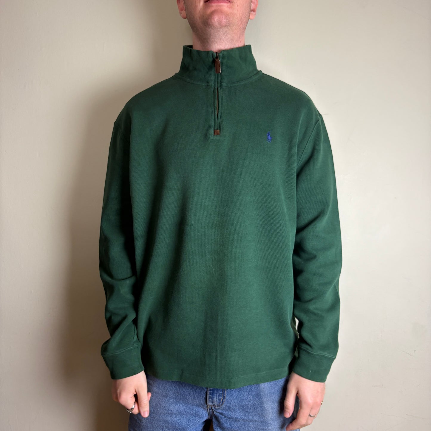 Vintage Ralph Lauren Green Quarter Zip Jumper Embroidered Sweatshirt - XL