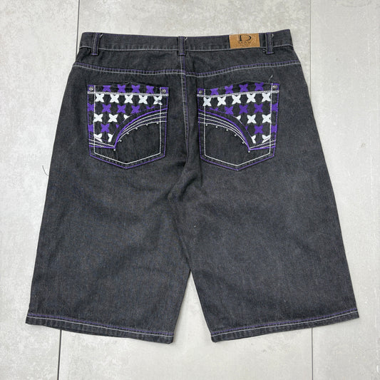 Vintage Embroidered Hip Hop Black Baggy Shorts Jorts - 42