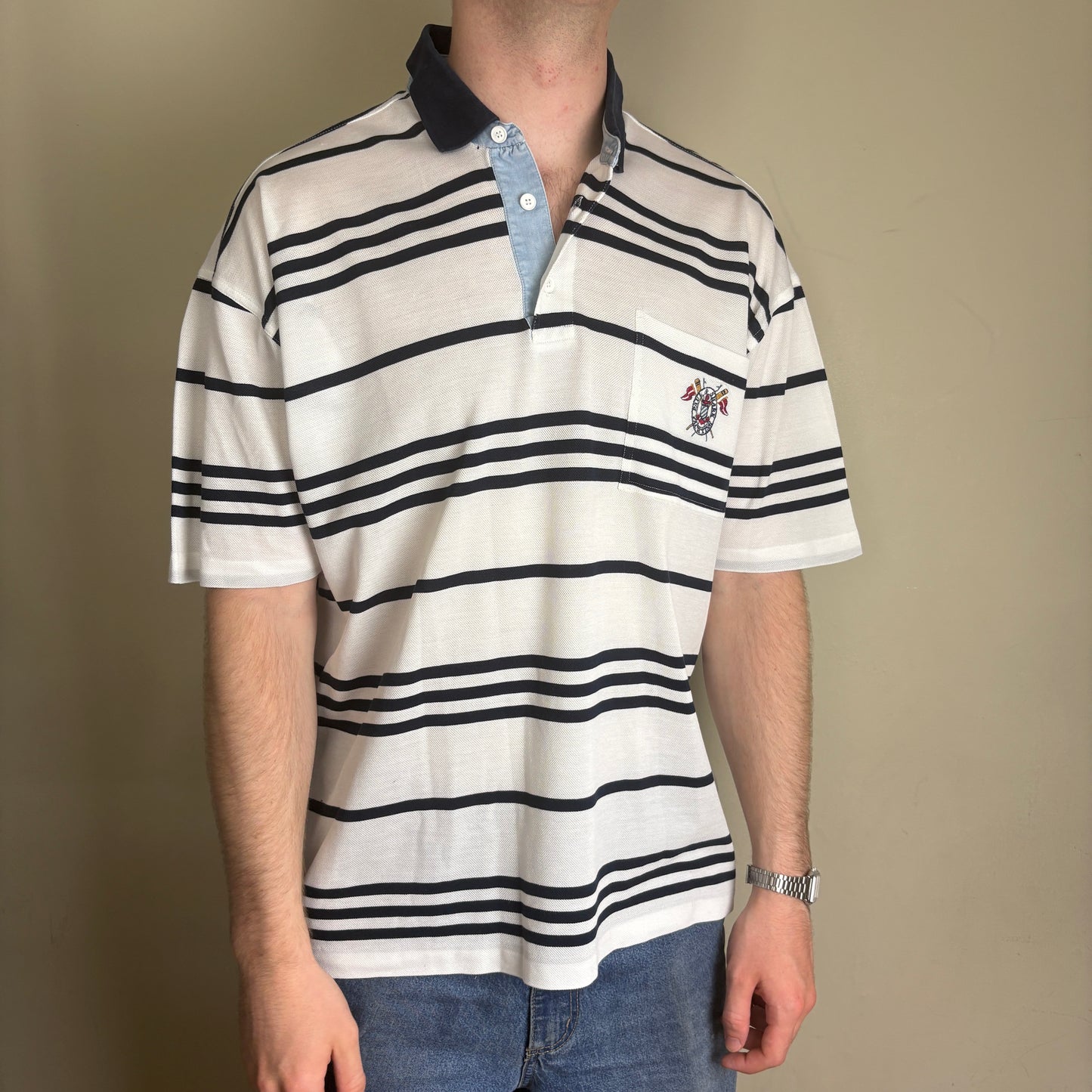 Vintage Paul and Shark White Navy Embroidered Stripe Sailing Polo Shirt - 2XL