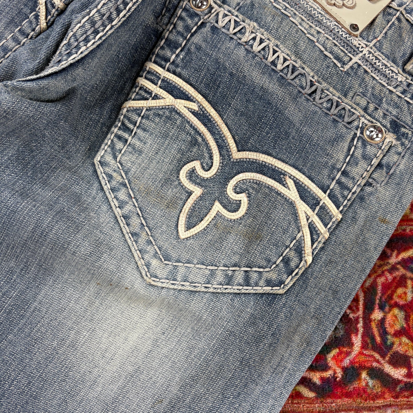 Vintage Rock Revival Blue Embroidered Y2K Hip Hop Straight Jeans - 36